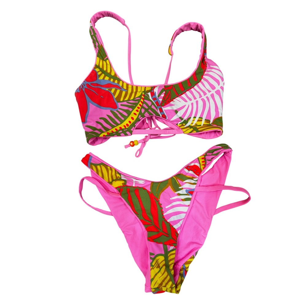 Maaji Reversible Tropical Floral Bikini Set Pink Neon High Leg Cheeky Medium